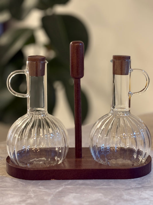 Öl- & Essigspender Set Luna Duo mit Akazienholzhalterung| 3-Teilig