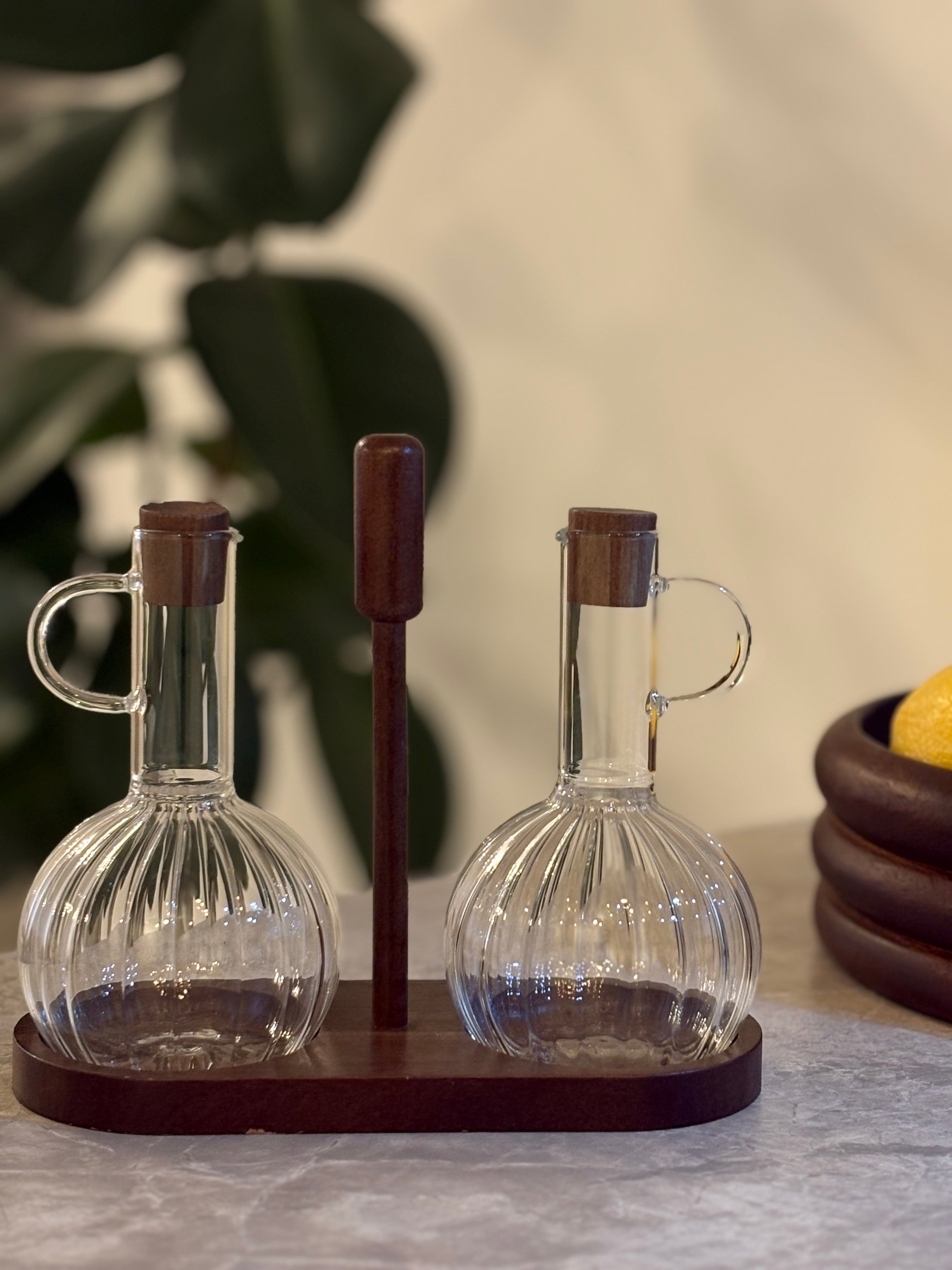 Öl- & Essigspender Set Luna Duo mit Akazienholzhalterung| 3-Teilig Selhome