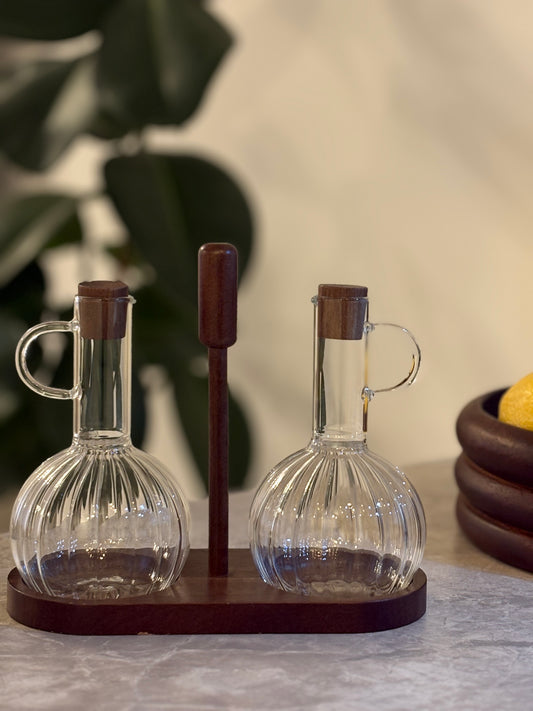 Öl- & Essigspender Set Luna Duo mit Akazienholzhalterung| 3-Teilig